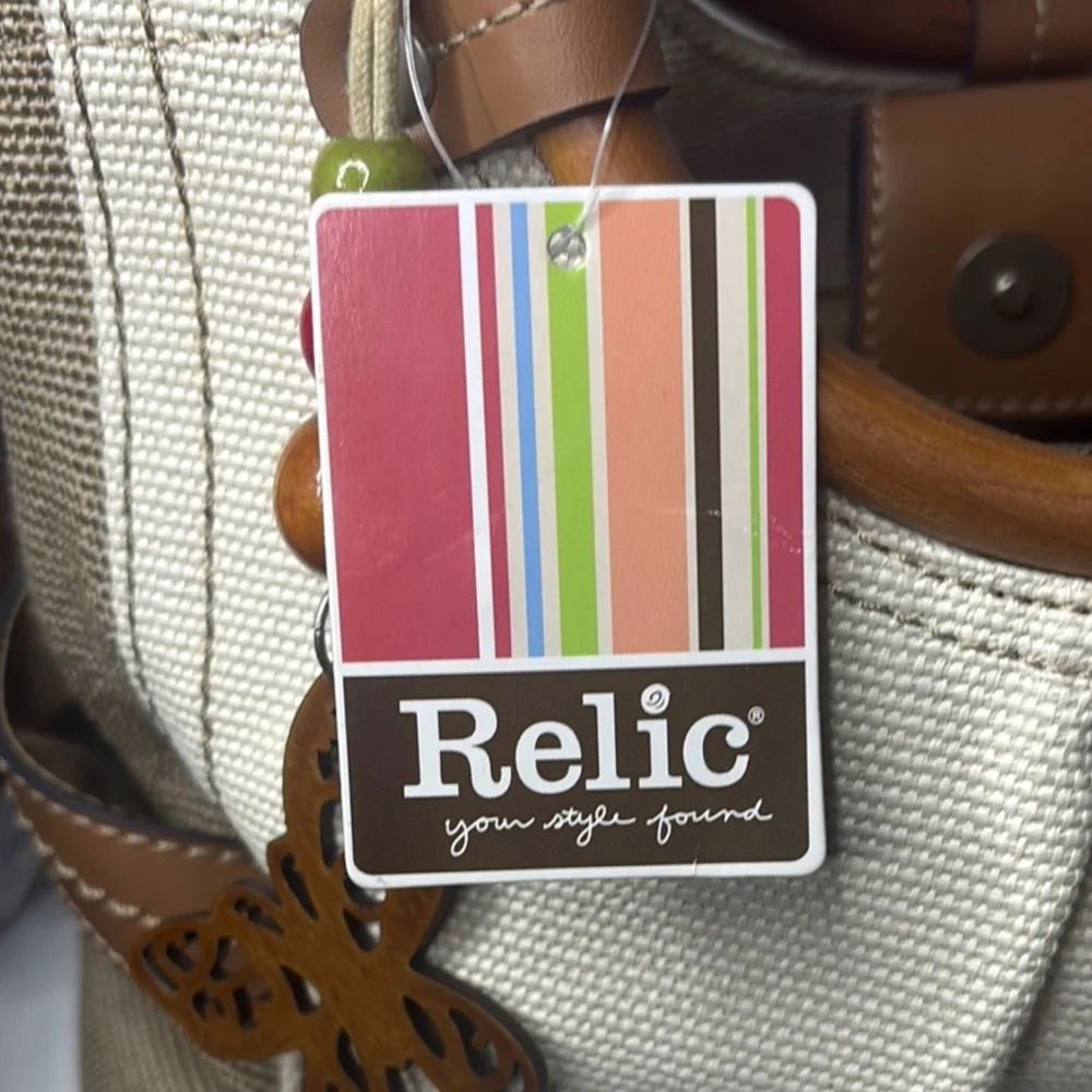 Relic Handbag Canvas Boho Wooden Handles Wood Butterfly Accent - Picture 2 of 8